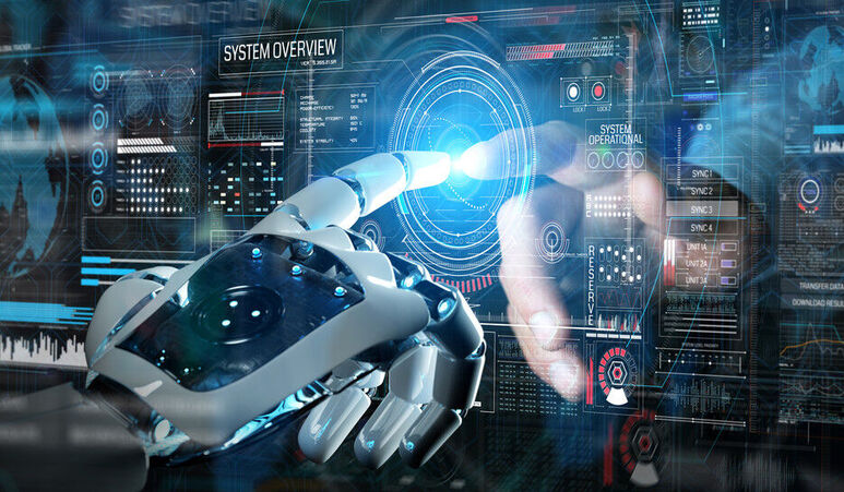 Ein Roboterfinger tippt auf ein Display