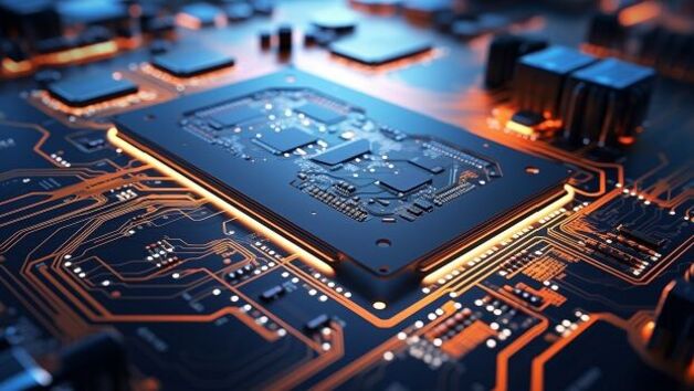 © AdamDiezel - stock.adobe.com Computerplatine mit einem Prozessor-Chiplet in der Mitte, Platinenbahnen und Elemente sind gelb und weiß hervorgehoben