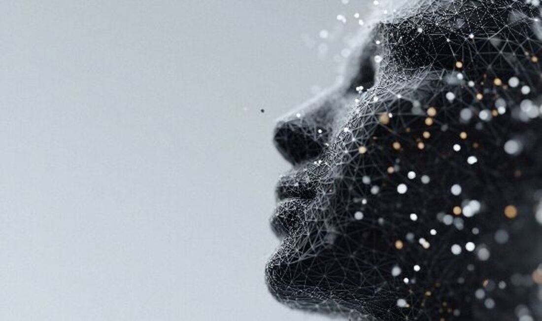 © SolaruS - stock.adobe.com Abstraktes Profil eines menschlichen Gesichts, das aus einem Netzwerk miteinander verbundener Linien und leuchtender Partikel aufgebaut ist.